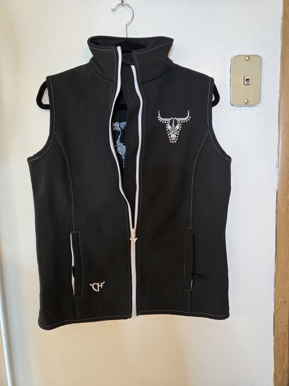 Women's Black Embellished Bull Skull Zip Vest